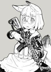 Rule 34 | 1girl, animal ear fluff, animal ears, apron, ar-15, assault rifle, blush, collared dress, dress, frilled apron, frills, glasses, greyscale, gun, holding, holding gun, holding weapon, long sleeves, looking at viewer, matsuda kouta, monochrome, original, parted lips, rifle, round eyewear, scope, short eyebrows, short hair, solo, tail, thick eyebrows, trigger discipline, weapon