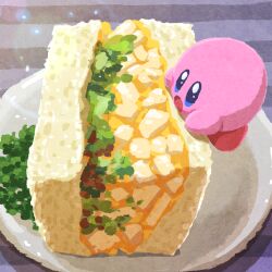 Rule 34 | bread, food, food focus, highres, kirby, kirby (series), miclot, nintendo, no humans, on food, open mouth, plate, sandwich, solo, table, vegetable