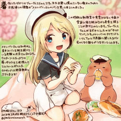 Rule 34 | 1girl, :d, admiral (kancolle), animal, blonde hair, blue eyes, blue sailor collar, bread, colored pencil (medium), commentary request, dated, dress, food, hamster, hat, holding, holding food, jervis (kancolle), kantai collection, kirisawa juuzou, long hair, non-human admiral (kancolle), numbered, open mouth, sailor collar, sailor dress, short sleeves, smile, traditional media, translation request, twitter username, white hat