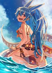 Rule 34 | 1girl, :d, ass, ball, bare shoulders, beachball, bikini, bikini skirt, blue hair, blue sky, breasts, cloud, day, dragon tail, hair between eyes, hair ribbon, highres, long hair, multicolored tail, open mouth, orange bikini, orange eyes, orange ribbon, orange tail, original, ponytail, ribbon, ringed eyes, rumie, sharp teeth, sky, small breasts, smile, solo, swimsuit, tail, teeth, thigh strap, tiona, very long hair, water, white tail