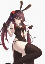 Rule 34 | 1girl, animal ears, bare shoulders, black dress, black gloves, black thighhighs, breasts, brown hair, china dress, chinese clothes, cleavage, clothing cutout, dress, feint721, flower, genshin impact, gloves, half-closed eyes, highres, hu tao (genshin impact), leg up, looking at viewer, multicolored hair, navel cutout, panties, plum blossoms, rabbit ears, red eyes, red hair, side-tie panties, signature, simple background, sleeveless, sleeveless dress, small breasts, solo, string panties, symbol-shaped pupils, thighhighs, thighs, twintails, two-tone hair, underwear, white background