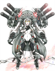 Rule 34 | 10s, 1girl, abyssal ship, bodysuit, gloves, glowing, glowing eyes, highres, kantai collection, monster, open mouth, pale skin, personification, silver hair, solo, torpedo, turret, wo-class aircraft carrier, yellow eyes, yumesato makura