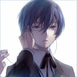 Rule 34 | 1boy, artist name, atlus, bad id, bad pixiv id, blue eyes, blue hair, border, earphones, hand on another&#039;s cheek, hand on another&#039;s face, male focus, matching hair/eyes, mole, neck ribbon, persona, persona 3, ribbon, robinexile, school uniform, short hair, signature, solo focus, staring, yuuki makoto (persona 3)