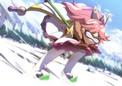 Rule 34 | 1girl, cape, flower knight girl, gloves, goggles, long hair, mizunashi (second run), pink hair, skiing, skis, smile, snow, solo, stock (flower knight girl)