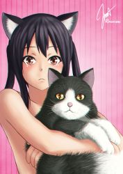 Rule 34 | 1girl, animal, animal ears, azu-nyan 2, black hair, brown eyes, cat, cat ears, convenient censoring, highres, holding, holding animal, k-on!, long hair, looking at viewer, nakano azusa, nude, pink background, rinoarashi, simple background, twintails
