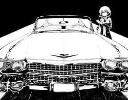 Rule 34 | 1girl, bad id, bad pixiv id, butler, cadillac, cadillac eldorado, car, cross, cross earrings, earrings, expressionless, female butler, foreshortening, formal, gabriel dropout, gloves, greyscale, highres, jewelry, license plate, long sleeves, martiel, monochrome, motor vehicle, nyaroon, short hair, solo, suit, vehicle focus, windshield