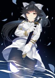 Rule 34 | 1girl, aliasing, azur lane, black background, black hair, black pantyhose, bow, breasts, brown eyes, commentary request, gloves, hair bow, katana, large breasts, long hair, looking at viewer, military, military uniform, miniskirt, pantyhose, ponytail, scabbard, sheath, skirt, solo, sword, takao (azur lane), thighhighs, tsukasa (ilqmplim), uniform, very long hair, weapon, white gloves