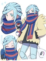 Rule 34 | 1boy, ^ ^, apo 518, blue hair, blue pants, cetoddle, closed eyes, closed mouth, colored eyelashes, covered mouth, creatures (company), cropped legs, game freak, grusha (pokemon), hand in pocket, highres, holding, holding poke ball, jacket, light blue hair, long hair, long sleeves, male focus, mittens, multicolored eyes, nintendo, open clothes, open jacket, pants, pocket, poke ball, poke ball (basic), pokemon, pokemon (creature), pokemon sv, scarf, simple background, sparkle, split mouth, white background, yellow eyes, yellow jacket