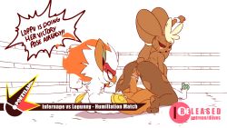 Rule 34 | 1boy, 1girl, animal ears, animated, anus, aqua eyes, arm up, ass, black pantyhose, black sclera, blinking, blush, character name, clenched hand, clenched teeth, colored sclera, creatures (company), diives, english text, erection, feet, femdom, fire, from behind, full body, furry, game freak, gen 4 pokemon, half-closed eyes, hetero, infernape, interspecies, kneeling, looking back, looking down, lopunny, lying, nintendo, nude, on back, open mouth, pantyhose, patreon logo, patreon username, penis, pokemon, pokemon (creature), pokephilia, pussy, pussy juice, rabbit ears, rabbit tail, red eyes, sex, spread legs, sweat, tail, teeth, text focus, topless, torn clothes, torn legwear, uncensored, vaginal, watermark, wrestling ring