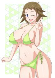Rule 34 | 10s, 1girl, ;d, bikini, blue eyes, breasts, brown hair, cleavage, clenched hand, commentary, cowboy shot, gluteal fold, green background, green bikini, gundam, gundam build divers, igarashi (igarashi 346), large breasts, looking at viewer, nanase nanami (gundam build divers), navel, one eye closed, open mouth, short hair, side-tie bikini bottom, smile, solo, standing, swimsuit, thighs
