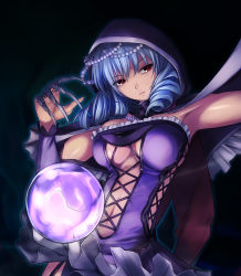 Rule 34 | 1girl, amei sumeru, breasts, cape, claw (weapon), cleavage, clothing cutout, cross-laced clothes, cross-laced cutout, drill hair, expressionless, garter straps, gem, highres, large breasts, light purple hair, navel, orb, pearl (gemstone), red eyes, simple background, skirt, solo, soul calibur, soulcalibur, soulcalibur v, viola (soulcalibur), weapon