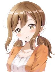 Rule 34 | 1girl, absurdres, blush, brown eyes, brown hair, brown jacket, closed mouth, collarbone, commentary request, cropped torso, hair between eyes, head tilt, highres, jacket, kunikida hanamaru, long hair, looking at viewer, love live!, love live! sunshine!!, low twintails, open clothes, open jacket, ribbed shirt, shirt, sidelocks, simple background, sin (sin52y), smile, solo, twintails, upper body, white background, white shirt