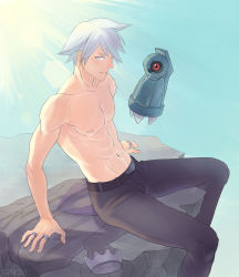 Rule 34 | 1boy, abs, arm support, artist name, beldum, belt, belt buckle, black belt, buckle, closed mouth, collarbone, commentary, creatures (company), day, game freak, gen 3 pokemon, grey eyes, grey hair, highres, jacket, jewelry, lens flare, light rays, looking at viewer, male focus, natalia baldina, navel, nintendo, outdoors, pants, pokemon, pokemon (creature), pokemon oras, ring, short hair, sitting, sitting on object, smile, steven stone, toned, toned male, topless male, unworn jacket, watermark