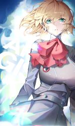 Rule 34 | 1girl, absurdres, aegis (persona), amir0, android, blonde hair, blue eyes, blue sky, bow, bowtie, eyelashes, facing viewer, gekkoukan high school uniform, hair between eyes, highres, looking at viewer, parted lips, persona, persona 3, pleated skirt, red bow, red bowtie, robot ears, school uniform, skirt, sky, solo, upper body, wind