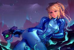 Rule 34 | 1girl, ass, bad id, bad twitter id, blonde hair, blue eyes, bodysuit, breasts, cloud, dark clouds, floating rock, gun, lightning, looking at viewer, lying, metroid, mole, mole under mouth, nintendo, on side, optionaltypo, ponytail, samus aran, slime (substance), smile, solo, straight face, tentacles, weapon, zero suit