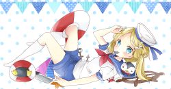 Rule 34 | 1girl, anchor, anchor print, bad id, bad pixiv id, bare arms, bird, blonde hair, blue eyes, blue shorts, blush, boat, commentary request, crab, from side, hair ornament, hat, highres, kneehighs, legs up, lifebuoy, looking at viewer, looking to the side, lying, mouth hold, neckerchief, no shoes, on back, one side up, original, penguin, polka dot, polka dot background, red neckerchief, sailboat, sailor, sailor hat, ship&#039;s wheel, shirt, short sleeves, shorts, smile, socks, solo, starfish, swim ring, tsukiyo (skymint), watercraft, whistle, white shirt, white socks