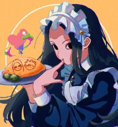 Rule 34 | 1boy, alternate costume, androgynous, apron, black hair, blue dress, broccoli, cameo, character print, crossdressing, dress, enmaided, finger to mouth, food, food writing, frilled apron, frills, hands up, heart, highres, holding, holding plate, hunter x hunter, illumi zoldyck, killua zoldyck, long hair, long sleeves, looking at viewer, maid, maid apron, maid headdress, male focus, omelet, orange background, plate, solo, thicopoyo, upper body, white apron, yellow background