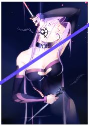 Rule 34 | 1girl, bare shoulders, black background, breasts, chain whip, cleavage, detached sleeves, dress, facial mark, fate/grand order, fate (series), forehead mark, highres, holding, holding weapon, long hair, long sleeves, looking at viewer, medium breasts, medusa (fate), medusa (rider) (fate), purple eyes, purple hair, rathalosx4, simple background, solo, strapless, strapless dress, tube dress, very long hair, weapon