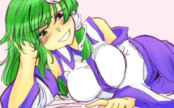 Rule 34 | arm support, asymmetrical hair, bare shoulders, blouse, blue skirt, blush, breasts, collared shirt, detached sleeves, green eyes, green hair, grin, hair ornament, hair tubes, hand in own hair, kochiya sanae, large breasts, long hair, long skirt, looking at viewer, lying, nontraditional miko, nunnun (shunka shuutou), on side, shirt, simple background, skirt, sleeveless, sleeveless shirt, smile, snake hair ornament, solo, touhou, white shirt