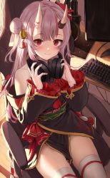 Rule 34 | 1girl, athenawyrm, bell, blush, desk, detached sleeves, hair bell, hair bun, hair ornament, headphones, headphones around neck, highres, hololive, horns, indoors, japanese clothes, jingle bell, computer keyboard, long hair, looking at viewer, mask, mask on head, monitor, multicolored hair, nakiri ayame, nakiri ayame (1st costume), oni, oni mask, red eyes, red hair, silver hair, single hair bun, sitting, skin-covered horns, smile, solo, streaked hair, thighhighs, virtual youtuber, white thighhighs