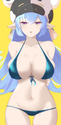 Rule 34 | 1girl, absurdres, animal ears, animal print, arms behind back, bare shoulders, bikini, blue bikini, blue hair, blush, breasts, catura (granblue fantasy), cleavage, collarbone, cow ears, cow girl, cow hat, cow horns, cow print, dongye1551, draph, ear piercing, granblue fantasy, highres, horns, large breasts, long hair, looking at viewer, navel, piercing, pointy ears, solo, swimsuit, thighs, yellow background