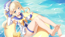 Rule 34 | 1girl, barbara (genshin impact), barbara (summertime sparkle) (genshin impact), bare shoulders, barefoot, blonde hair, blue bow, blue dress, blue eyes, blue hat, blue one-piece swimsuit, bow, bowtie, collar, detached sleeves, dress, flower, genshin impact, hand up, hat, hat bow, highres, long hair, long sleeves, multicolored bow, ocean, one-piece swimsuit, open mouth, sitting, smile, solo, striped bow, striped bowtie, striped clothes, swimsuit, twintails, white bow, white dress, white flower, white hat, white neckwear, yasuharasora, yellow bow, yellow neckwear