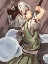 Rule 34 | 1girl, asutora, blue eyes, cowboy shot, from side, glint, green skirt, green vest, grey hair, hairband, highres, holding, holding sword, holding weapon, katana, konpaku youmu, konpaku youmu (ghost), looking at viewer, looking to the side, parted lips, pleated skirt, puffy short sleeves, puffy sleeves, sheath, shirt, short hair, short sleeves, skirt, solo, standing, sword, touhou, unsheathing, vest, weapon, white shirt