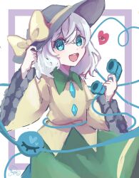 Rule 34 | 1girl, black hat, blouse, blue eyes, bow, buttons, collared shirt, cowboy shot, diamond button, eyeball, frilled sleeves, frills, green skirt, grey hair, hat, hat bow, hat ribbon, heart, heart of string, highres, holding, holding phone, komeiji koishi, long sleeves, looking at viewer, medium hair, namako232, one-hour drawing challenge, open mouth, phone, ribbon, shirt, skirt, smile, solo, standing, third eye, touhou, wavy hair, wide sleeves, yellow bow, yellow ribbon, yellow shirt