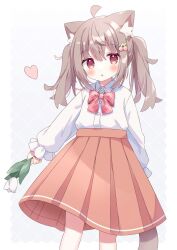 Rule 34 | 1girl, :o, ahoge, animal ear fluff, animal ears, blush, bow, brown hair, brown skirt, cat ears, cat girl, cat tail, collared shirt, commentary, dress shirt, flower, gradient background, grey background, hair between eyes, heart, highres, holding, holding flower, long hair, looking at viewer, nakkar, original, parted lips, plaid, plaid bow, pleated skirt, red bow, red eyes, shirt, sidelocks, skirt, solo, tail, twintails, twitter username, white background, white flower, white shirt
