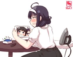 Rule 34 | 3girls, :3, ahoge, alternate costume, artist logo, black hair, blue eyes, brown hair, clothes iron, commentary request, crying, dated, closed eyes, hairband, holding, holding tablet pc, ironing board, kanon (kurogane knights), kantai collection, long hair, multiple girls, needle, open mouth, pincushion, puffy short sleeves, puffy sleeves, ryuuhou (kancolle), shigure (kancolle), shirt, short sleeves, smile, tablet pc, taigei (kancolle), tears, white hairband, white shirt, yamashiro (kancolle)