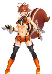 Rule 34 | 1girl, ahoge, animal ears, bare shoulders, black thighhighs, blazblue, boots, breasts, brown eyes, brown hair, clenched hands, dual wielding, fingerless gloves, gloves, holding, large breasts, makoto nanaya, microskirt, multicolored hair, one eye closed, orange skirt, raizero, revealing clothes, skirt, smile, solo, squirrel ears, squirrel tail, tail, thighhighs, thighs, tonfa, two-tone hair, underboob, weapon, wink