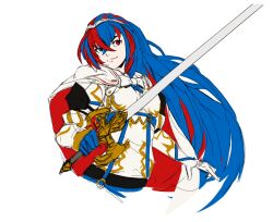 Rule 34 | 1girl, alear (female) (fire emblem), alear (fire emblem), blue eyes, blue hair, cape, closed mouth, crossed bangs, fire emblem, fire emblem engage, gloves, hair between eyes, highres, holding, holding sword, holding weapon, liberation (fire emblem), long hair, multicolored hair, nintendo, red eyes, red hair, rod langhi, smile, split-color hair, sword, tiara, two-tone hair, weapon, white background