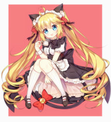 Rule 34 | 1girl, :3, :d, andrea doria (warship girls r), animal ears, apron, bell, black bow, black dress, black footwear, blonde hair, blue eyes, blush, bow, cat ears, cat girl, cat tail, character request, cup, dress, frilled apron, frills, hair between eyes, hair bow, head tilt, holding, holding cup, jingle bell, kneehighs, long hair, looking at viewer, maid, maid headdress, mary janes, open mouth, puffy short sleeves, puffy sleeves, red bow, ringlets, shoes, short sleeves, smile, socks, solo, steam, tail, tail bell, tail bow, tail ornament, teacup, tengxiang lingnai, twintails, very long hair, waist apron, warship girls r, white apron, white socks