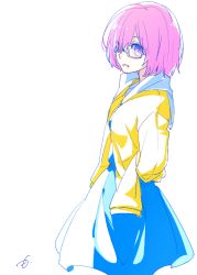 Rule 34 | 1girl, blue dress, dress, fate/grand order, fate (series), glasses, hair over one eye, jacket, long sleeves, looking at viewer, looking to the side, mash kyrielight, mash kyrielight (senpai killer outfit), motu0505, official alternate costume, open clothes, open jacket, open mouth, purple eyes, purple hair, semi-rimless eyewear, short hair, signature, simple background, solo, teeth, under-rim eyewear, white-framed eyewear, white background, yellow jacket
