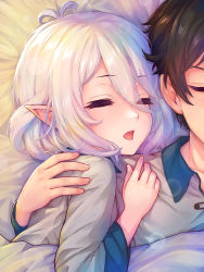 Rule 34 | 1boy, 1girl, antenna hair, bad id, bad pixiv id, black hair, closed eyes, commentary request, elf, hair between eyes, hand on another&#039;s back, highres, hug, kokkoro (princess connect!), lying, open mouth, pajamas, pointy ears, princess connect!, silver hair, sleeping, smile, upper body, yako noir, yako noir (kei-ne), yuuki (princess connect!)