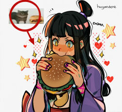 Rule 34 | 1girl, ace attorney, artist name, black hair, blunt bangs, blush, brown eyes, burger, cat, eating, food, haori, heart, highres, huyandere, jacket, japanese clothes, kimono, long hair, low-tied long hair, low-tied sidelocks, maya fey, oversized food, oversized object, photo inset, pink ribbon, purple jacket, purple nails, ribbon, sidelocks, sleeves past elbows, solo, sound effects only, sparkle, sparkling eyes, star (symbol), topknot, upper body, very long hair, white kimono, wide sleeves, wrist ribbon