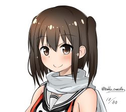 Rule 34 | 1girl, brown eyes, brown hair, buttons, dated, double-breasted, hair ornament, highres, kantai collection, kiyu fuyuki, looking at viewer, scarf, school uniform, sendai (kancolle), sendai kai ni (kancolle), serafuku, simple background, sleeveless, smile, solo, twitter username, two side up, upper body, white background, white scarf