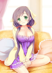 Rule 34 | 10s, 1girl, blush, breasts, cleavage, female focus, green eyes, hair over shoulder, hood, hoodie, large breasts, long hair, looking at viewer, love live!, love live! school idol festival, love live! school idol project, pajamas, purple hair, sitting, smile, solo, tojo nozomi, twintails, yumeiro hanabi