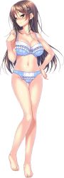 Rule 34 | 1girl, amakano ~second season~, azarashi soft, barefoot, blue bra, blue panties, blush, bow, bow bra, bra, breasts, brown hair, cleavage, feet, full body, game cg, hair ornament, hairclip, hand on own hip, highres, ichinose honami (amakano), long hair, looking at viewer, panties, piromizu, simple background, smile, solo, standing, tachi-e, toes, underwear, white background, yellow eyes