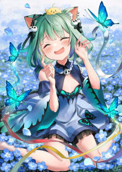Rule 34 | 1girl, animal, animal ear fluff, animal ears, animal on head, bird, bird on head, black ribbon, blue butterfly, blue dress, blue flower, blue ribbon, blush, bug, butterfly, cat ears, chick, closed eyes, commentary request, detached collar, detached sleeves, dress, facing viewer, feet out of frame, field, finger to cheek, flower, flower field, gradient ribbon, green hair, hair ornament, hair ribbon, hands up, head tilt, highres, hololive, insect, kito koruta, long hair, multicolored hair, nemophila (flower), on head, open mouth, outdoors, petals, piyoko (uruha rushia), pom pom (clothes), pom pom hair ornament, purple hair, red ribbon, ribbon, short sleeves, short twintails, signature, sitting, skull hair ornament, smile, solo, streaked hair, twintails, uruha rushia, uruha rushia (1st costume), virtual youtuber, wariza, wide sleeves, yellow ribbon