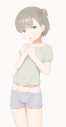 Rule 34 | 1girl, absurdres, blue eyes, child, female focus, highres, one side up, open fly, original, sc naru, short hair, short shorts, shorts, simple background, solo, white background