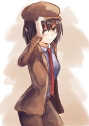 Rule 34 | 1girl, black hair, brown eyes, brown hat, brown jacket, brown shorts, closed mouth, collared shirt, commentary request, hat, highres, jacket, kisuke1212, necktie, one-hour drawing challenge, red necktie, shameimaru aya, shameimaru aya (newsboy), shirt, short hair, shorts, smile, solo, touhou, white shirt