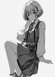 Rule 34 | 1girl, absurdres, arm support, bob cut, camera, camera around neck, dress, greyscale, hand up, highres, looking at viewer, monochrome, necktie, original, pinafore dress, school uniform, shimkarom, short hair, simple background, sitting, sketch, sleeveless, sleeveless dress, solo