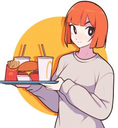 Rule 34 | 1girl, absurdres, black eyes, bob cut, breasts, brown sweater, burger, commentary, cup, disposable cup, eyebrows hidden by hair, food, french fries, highres, holding, holding tray, jeff miga, large breasts, mcdonald&#039;s, mother (yoru mac), orange hair, smile, solo, sweater, tray, upper body, yoru mac