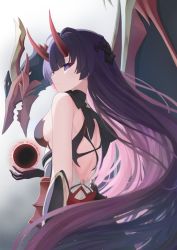 Rule 34 | 1girl, back, bare shoulders, benares (honkai impact), black gloves, breasts, closed mouth, dragon, elbow gloves, gloves, hair between eyes, highres, honkai (series), honkai impact 3rd, horns, hukw, long hair, looking at viewer, looking back, medium breasts, purple eyes, purple hair, raiden mei, raiden mei (herrscher of thunder), sideboob, solo
