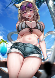 Rule 34 | 1girl, absurdres, animal ear fluff, animal ears, arknights, bikini, blue sky, breasts, cleavage, commentary, day, denim, denim shorts, extra ears, eyewear on head, fang, front-tie bikini top, front-tie top, grey bikini, hair ornament, highres, korean commentary, large breasts, molyb, navel, official alternate costume, open mouth, outdoors, palm tree, purple-tinted eyewear, revision, short shorts, shorts, skin fang, sky, smile, solo, stomach, striped bikini, striped clothes, sunglasses, swimsuit, tail, tinted eyewear, tree, underboob, utage (arknights), utage (summer flowers) (arknights), vertical-striped bikini, vertical-striped clothes, x hair ornament