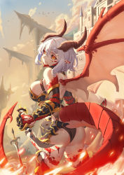 Rule 34 | 1girl, absurdres, ass, bird, black gloves, breasts, castle, cowboy shot, dragon girl, dragon horns, dragon tail, dragon wings, fantasy, fire, from behind, gauntlets, gloves, grey hair, hair between eyes, highres, holding, holding sword, holding weapon, horns, large breasts, looking at viewer, looking back, original, outdoors, planted, planted sword, planted weapon, pointy ears, red eyes, scales, sheep (zasxd1468), solo, sword, tail, thighs, weapon, wings
