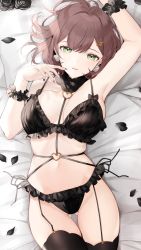 Rule 34 | 1girl, black bra, black nails, black panties, bra, breasts, brown hair, cleavage, commentary, commission, earrings, english commentary, finger to cheek, fortissimo, gluteal fold, green eyes, hair ornament, head tilt, highres, jewelry, koyo akio, lingerie, looking at viewer, lying, medium hair, miori celesta, musical note, musical note hair ornament, nail polish, navel, on bed, panties, parted lips, second-party source, skeb commission, solo, thighhighs, treble clef, tsunderia, underwear, underwear only, virtual youtuber