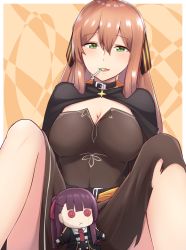 Rule 34 | 2girls, belt, breasts, brown hair, candy, choker, cleavage, collar, doll, exren, food, girls&#039; frontline, green eyes, hair ribbon, halloween, highres, large breasts, lollipop, long hair, looking down, multiple girls, official alternate costume, open mouth, ribbon, simple background, sitting, solo, spread legs, springfield (classic witch) (girls&#039; frontline), springfield (girls&#039; frontline), wa2000 (girls&#039; frontline), witch