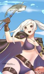 Rule 34 | 1girl, artist name, belt, bikini, blue sky, breasts, brown eyes, brown gloves, cleavage, cloud, day, fire emblem, fire emblem awakening, fire emblem heroes, fish, gloves, hillaryravenian, holding, holding polearm, holding weapon, nintendo, o-ring, o-ring bikini, octopus, open mouth, polearm, robin (female) (fire emblem), robin (fire emblem), sky, solo, swimsuit, thigh strap, twintails, twitter username, underboob, weapon, white hair